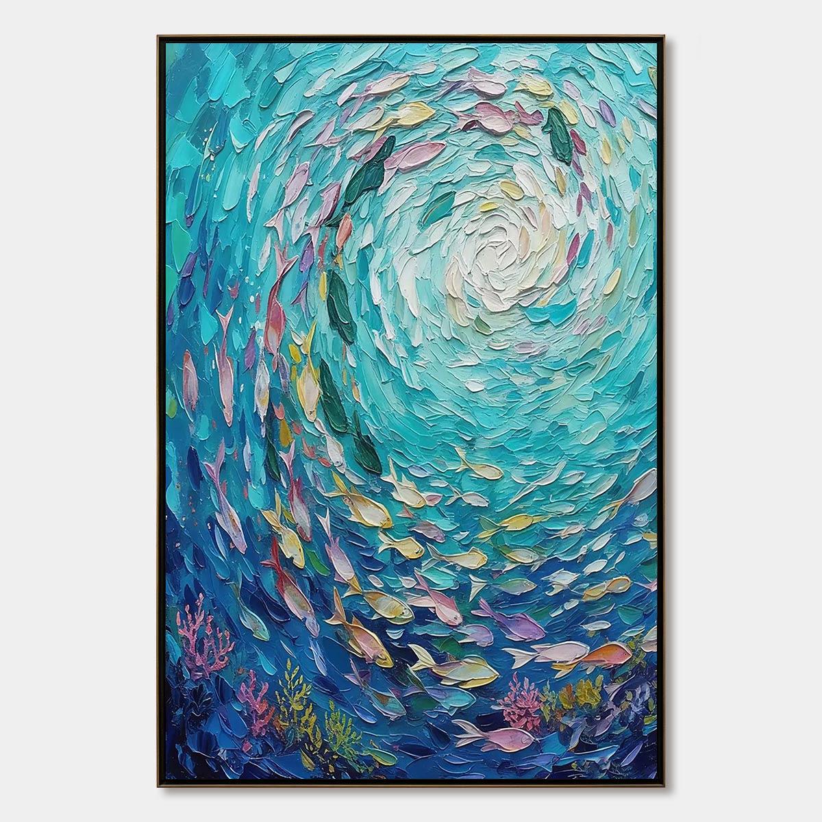 AZURE WHIRLPOOL: Textured Impasto Painting of a Vibrant Fish School