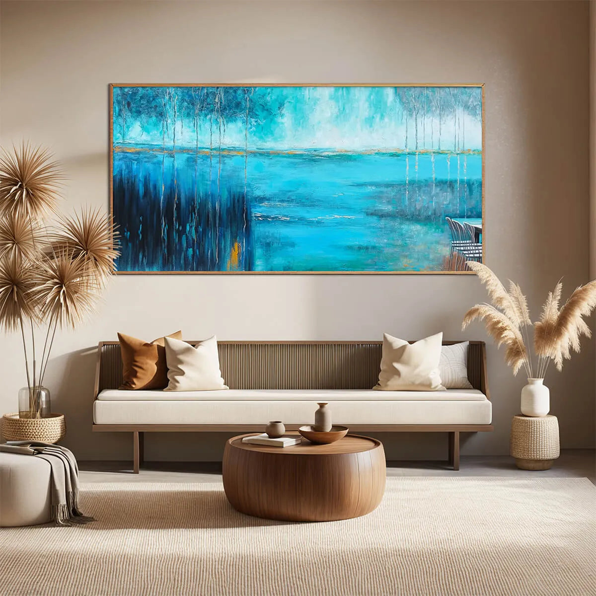 Azure Reflections: Abstract Landscape Oil Painting Canvas Wall Art Decor
