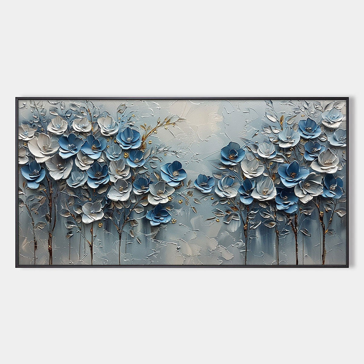 Azure Blossoms: Original Blue and Gold Floral Oil Painting - Textured Impasto Wall Art Decor
