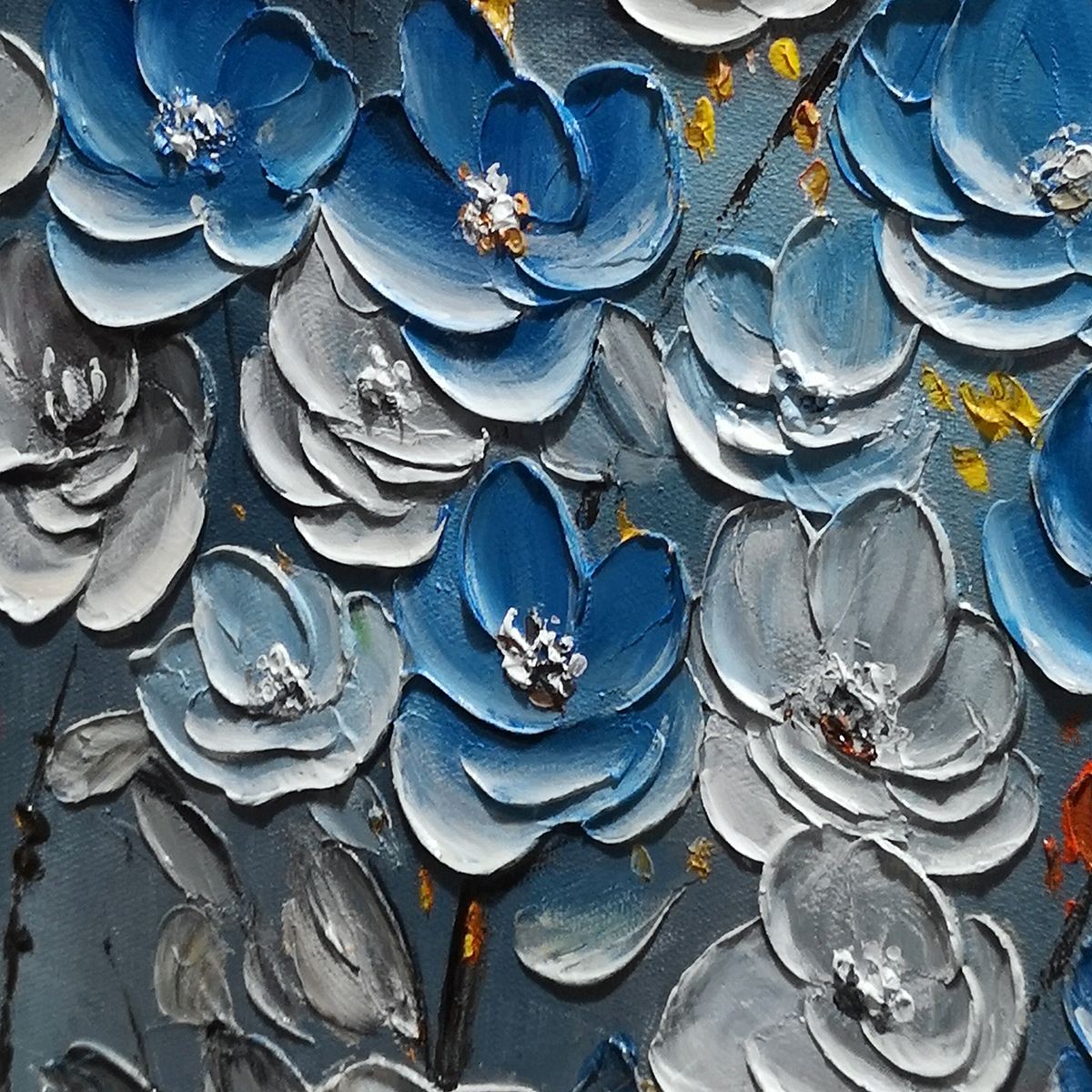 AZURE BLOSSOMS: Textured Blue and Gold Floral Oil Painting