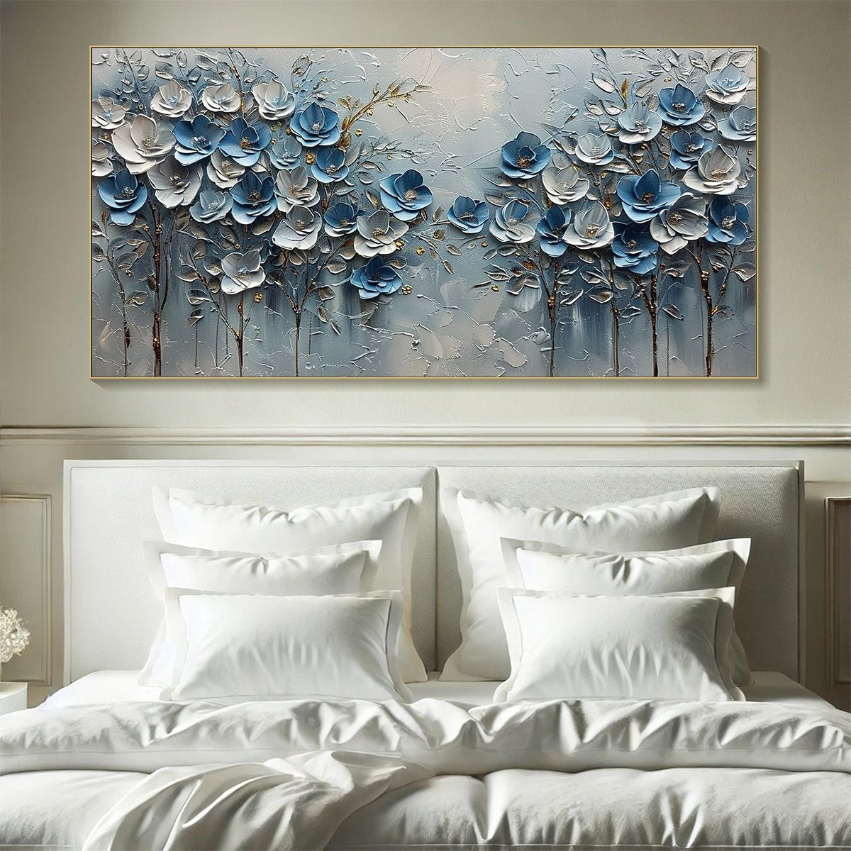 Azure Blossoms: Original Blue and Gold Floral Oil Painting - Textured Impasto Wall Art Decor