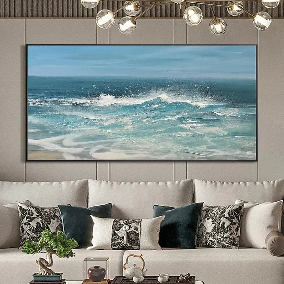 Azure Crests panoramic seascape painting of a crashing ocean wave with white spray, blue water, and sky.