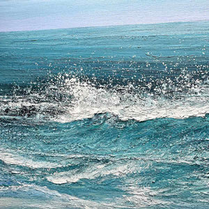 Azure Crests panoramic seascape painting of a crashing ocean wave with white spray, blue water, and sky.