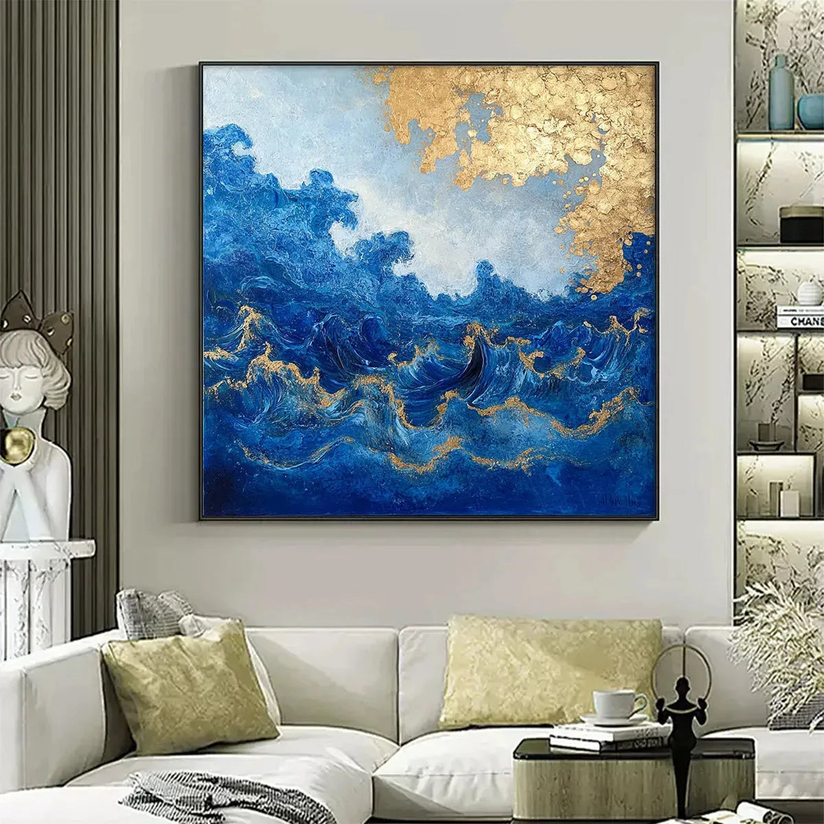 Square Abstract Ocean Waves Oil Painting with Gold Leaf