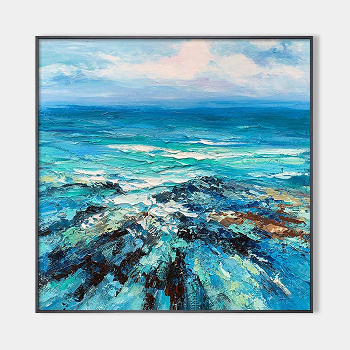 Azure Depths: Impasto Seascape Oil Painting in Blues and Greens on