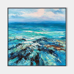 Impasto Seascape Oil Painting in Blues and Greens