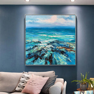 Impasto Seascape Oil Painting in Blues and Greens