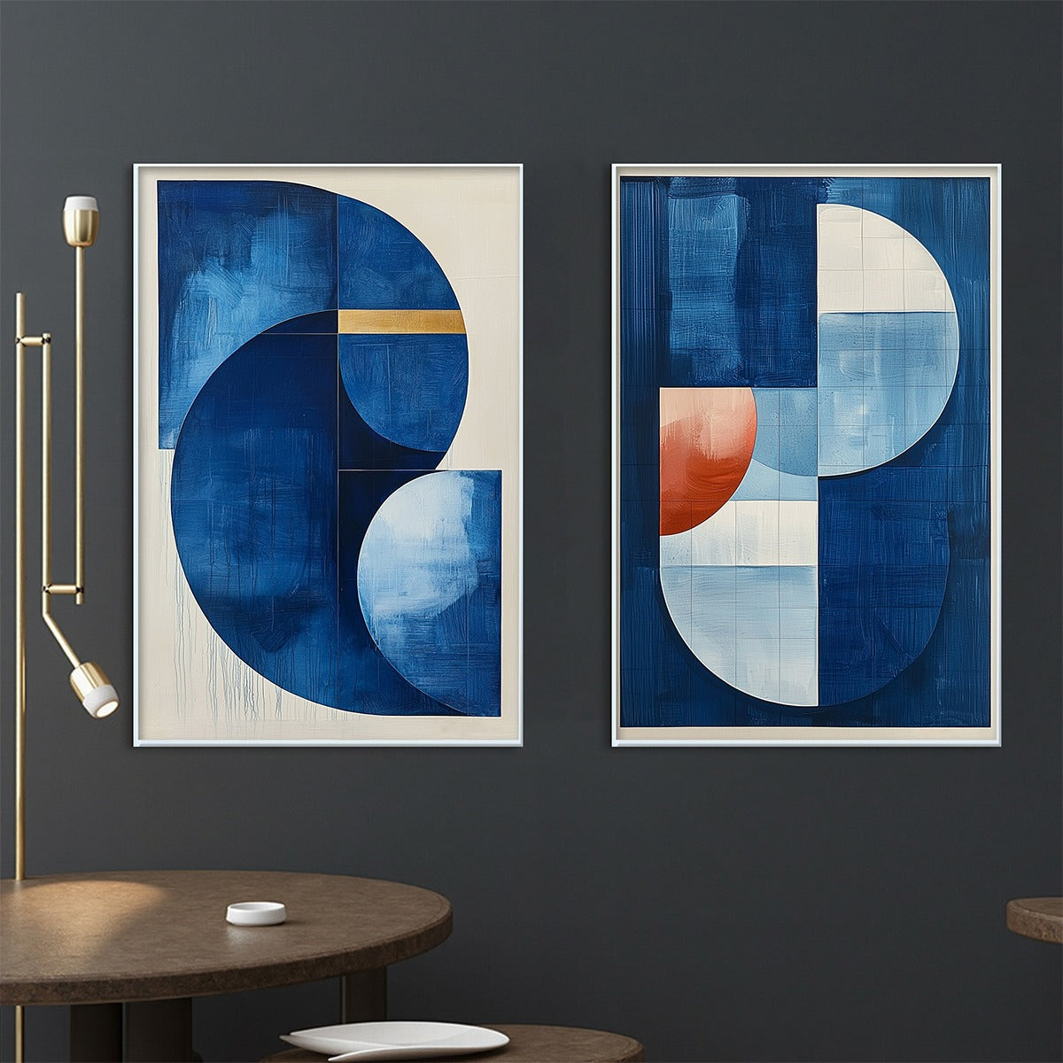 Azure Depths: Original Minimalist Blue and Gold Abstract Oil Painting - Vertical Wall Art