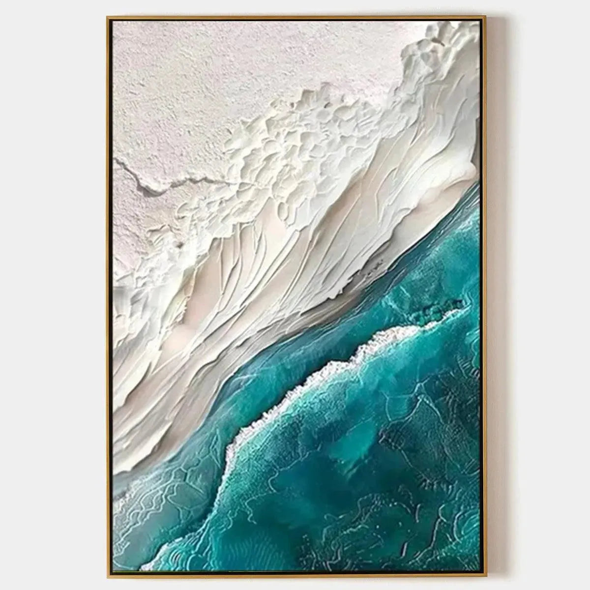 Textured abstract seascape wall art, vertical canvas with teal and white impasto waves
