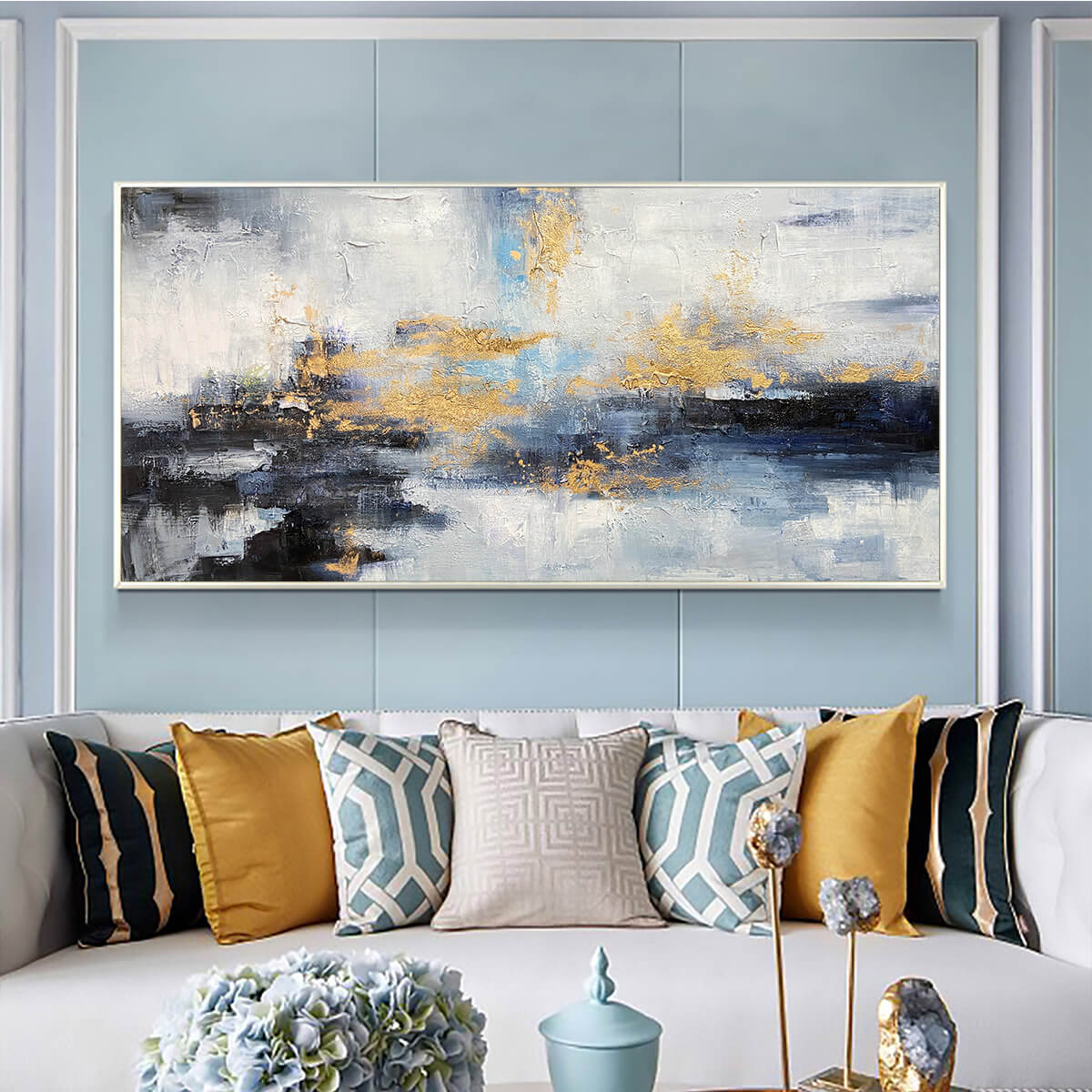 Azure Dream: Abstract Blue and Gold Oil Painting Canvas Wall Art Home Decor