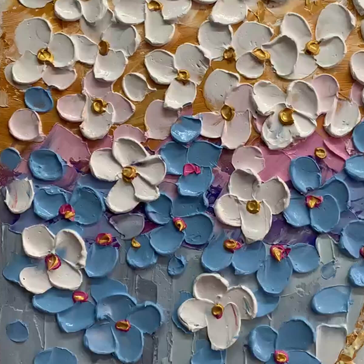 AZURE DREAM: Textured Floral Landscape Oil Painting in Blue, White, and Gold