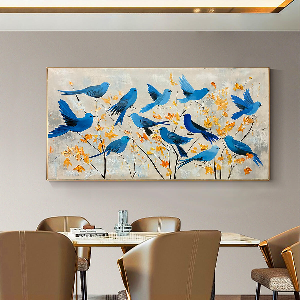 Azure Flight: Blue Birds Minimalist Oil Painting Nature Canvas Wall Art Home Decor