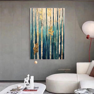Vertical Abstract Forest Oil Painting with Gold Leaf