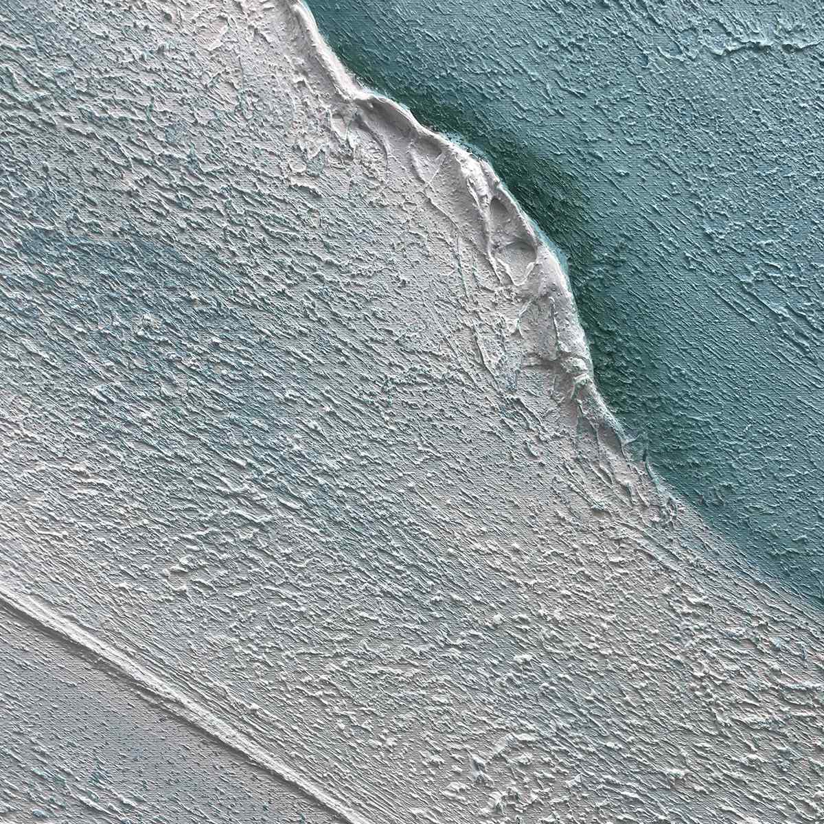 Azure Shores abstract beach painting close-up: intricate impasto texture with thick blue, white, and green brushstrokes.