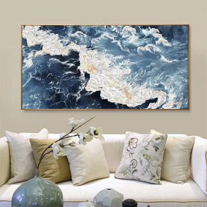 Panoramic abstract ocean painting "Azure Whispers" by Chen Liu, featuring blue waves with gold and white impasto texture.