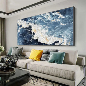 Panoramic abstract ocean painting "Azure Whispers" by Chen Liu, featuring blue waves with gold and white impasto texture.
