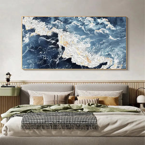 Panoramic abstract ocean painting "Azure Whispers" by Chen Liu, featuring blue waves with gold and white impasto texture.