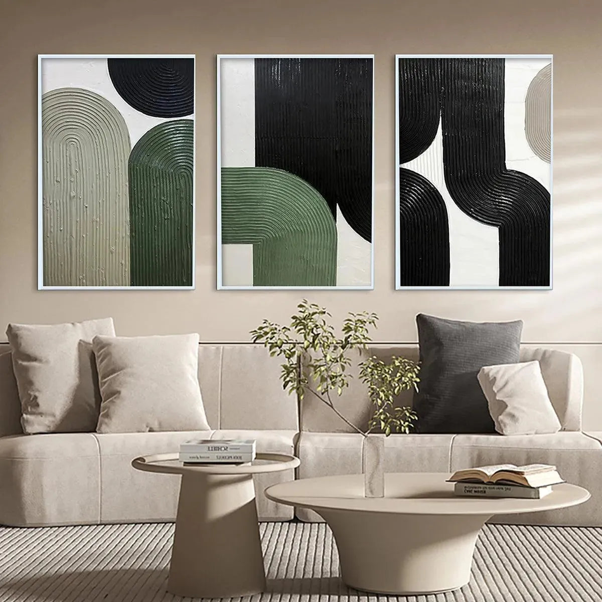 ARCHES TRIPTYCH textured abstract art set of 3 in green, black, beige, displayed in modern living room.