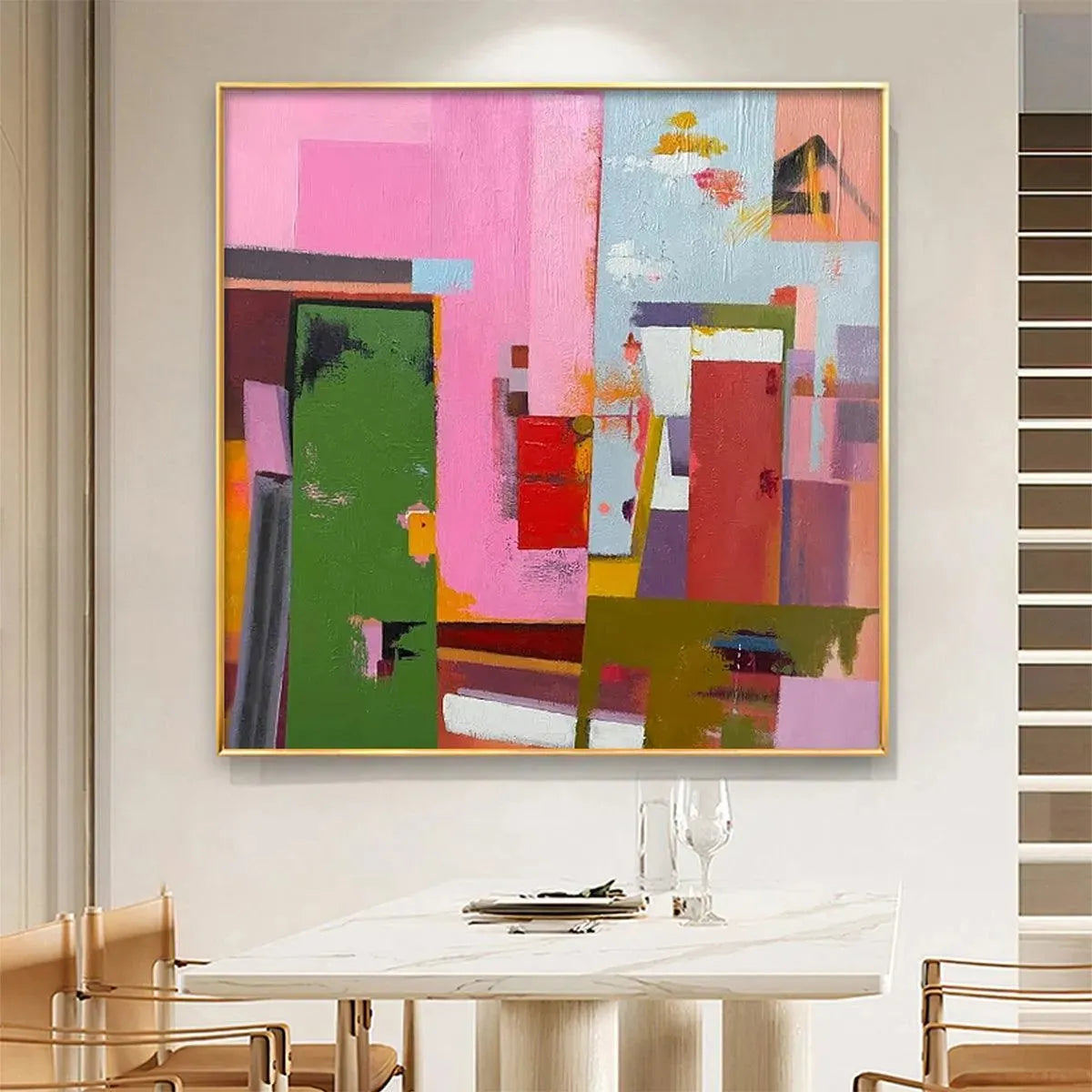Colorful abstract city painting in gold frame by Willow Davies, modern square art for your home.