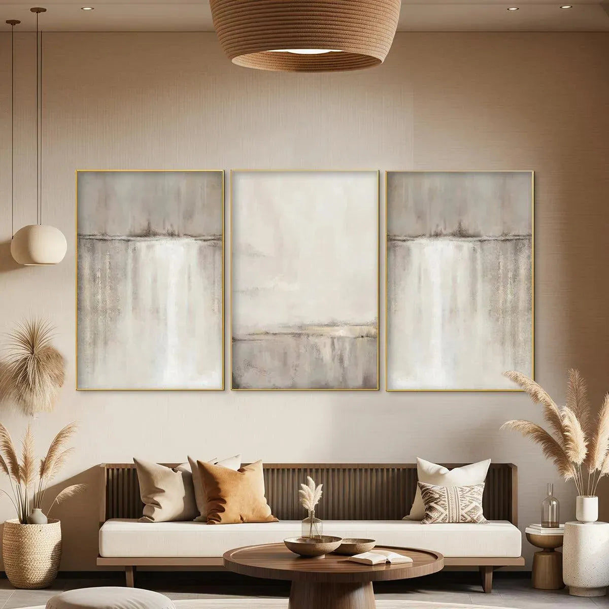 Abstract waterfall triptych: 3 minimalist beige, grey, white paintings with gold frames above a sofa.