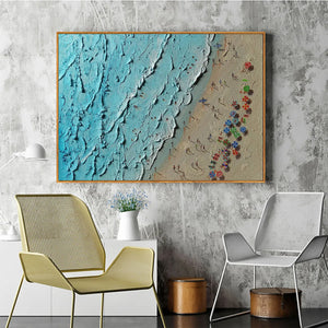 Aerial Vista: Impasto Beach Scene Oil Painting on Canvas
