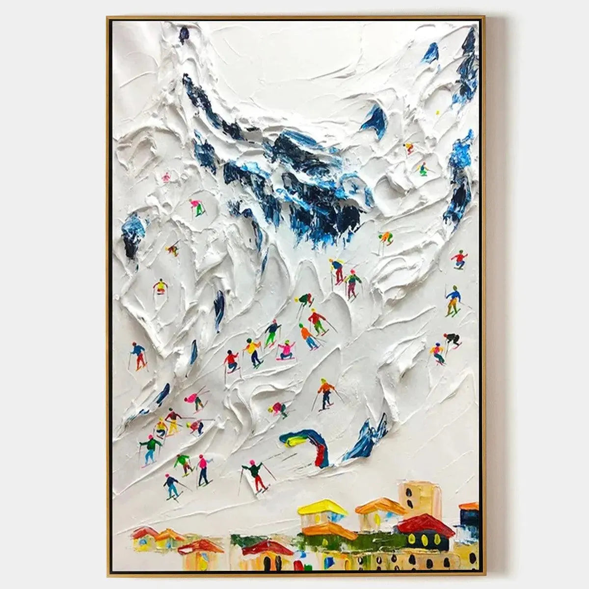 Alpine Ski Day painting, textured ski scene art by Chak Yu Lam. Colorful skiers on a snowy mountain slope, vertical wall art.