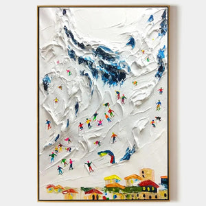 Alpine Ski Day painting, textured ski scene art by Chak Yu Lam. Colorful skiers on a snowy mountain slope, vertical wall art.