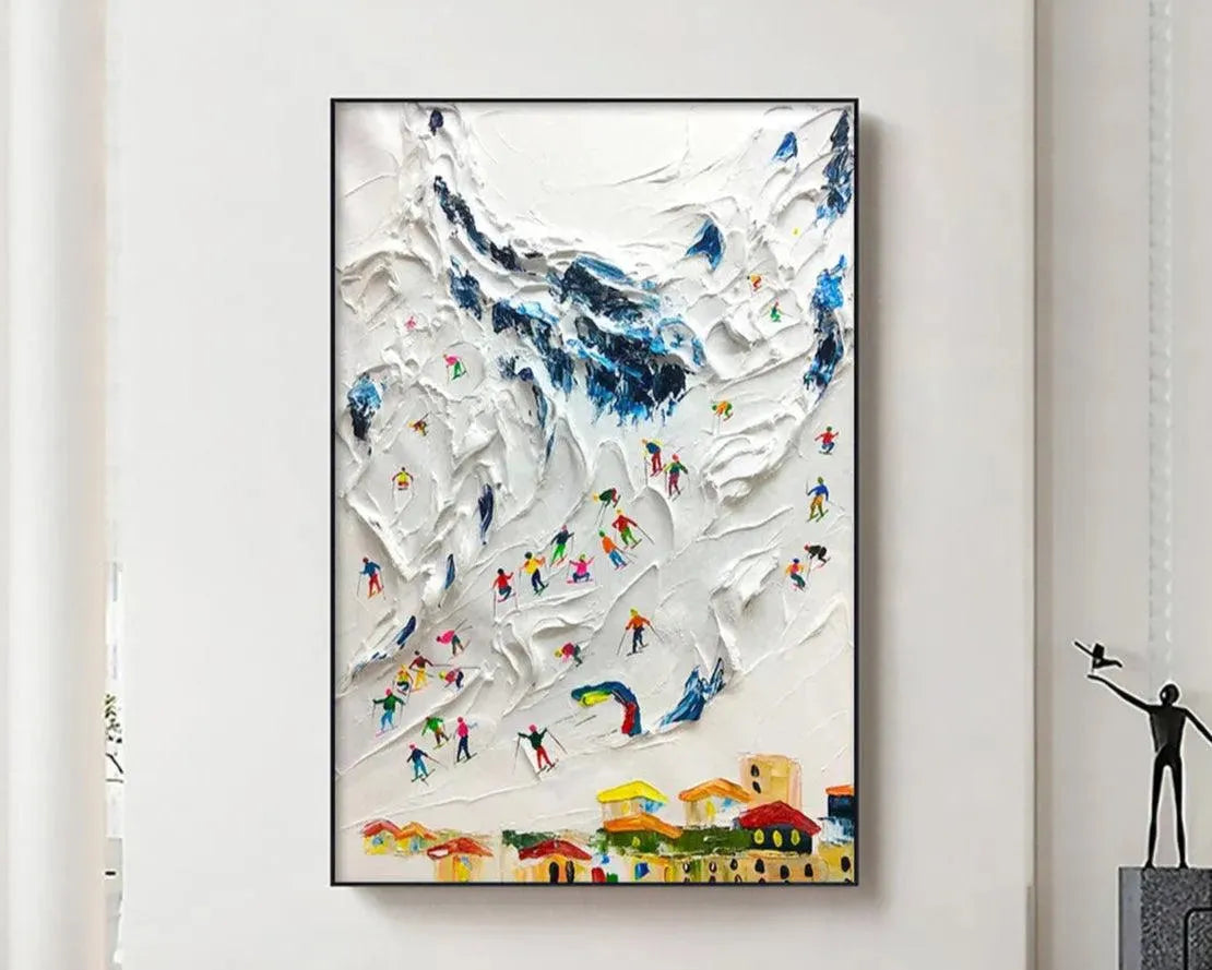 Alpine Ski Day art by Chak Yu Lam: textured ski scene with colorful skiers on snowy mountain slope, vertical wall art.