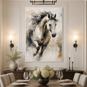 Untamed Grace in a refined dining room with white frame