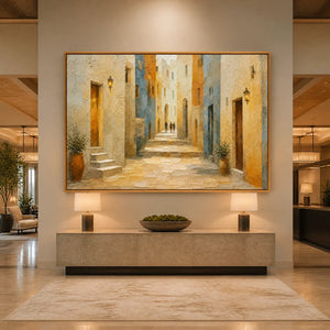 Sunlit Old Quarter in a refined hotel interior with wood frame
