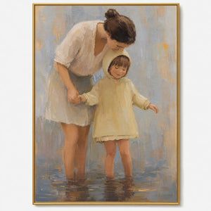 Hand-painted mother and child figurative oil painting in soft beige and blue tones