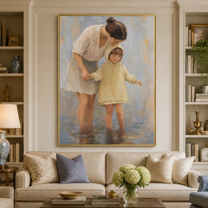 Held Close figurative wall art of mother and child in soft pastel tones, gold frame