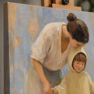 Hand painted expressionist mother and child figurative oil painting on linen canvas
