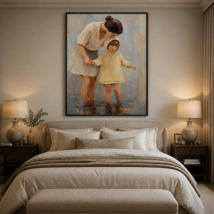 Hand-painted mother and child figurative oil painting in neutral tones above a beige bedroom bed