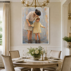 Handmade oil painting of mother and child in a dining room, soft neutral tones