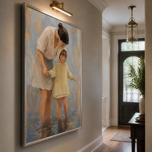Framed mother and child oil painting in soft neutral tones for modern wall art