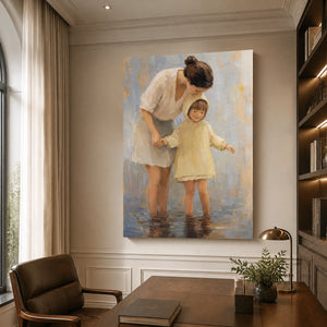 Tender mother and child figurative oil painting in soft blue and beige tones