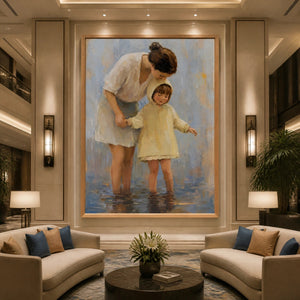 Hand-painted mother and child figurative oil painting in a luxury hotel lobby