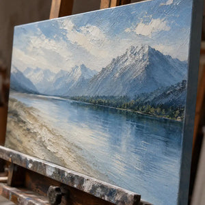 Close-up detail of Alpine Stillness showing hand-painted texture and part of the frame