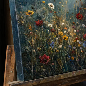 Close-up detail of Midnight Wildflowers showing hand-painted texture and part of the frame