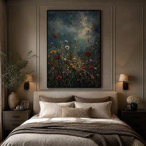Midnight Wildflowers in a refined bedroom with black frame