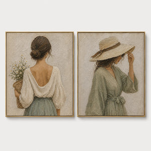 Neutral boho figurative diptych with hand-painted women in textured linen frames