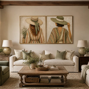 Twin Bohemian Muses in a refined living room with gold frame