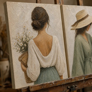 Handmade boho diptych painting of women in neutral tones, textured oil acrylic wall art