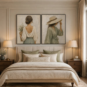 Neutral figurative diptych wall art above a beige bed in a boho bedroom