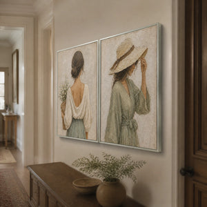 Boho diptych wall art of two women in muted beige and sage oil painting