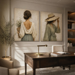 Neutral figurative diptych oil paintings of boho women in a modern office