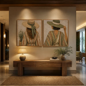Twin Bohemian Muses in a refined hotel interior with wood frame