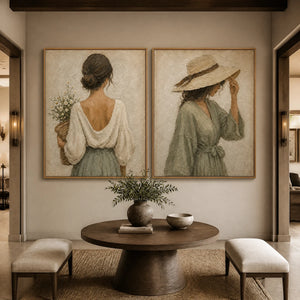 Neutral bohemian figurative diptych on wall, two women in handmade textured oil paintings