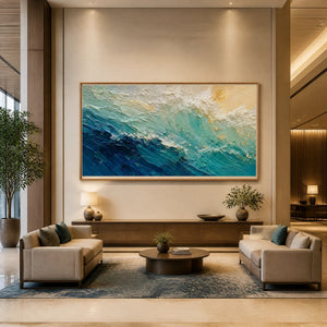 Turquoise Surge in a refined hotel interior with wood frame